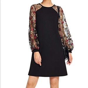 Sheer Sleeve Floral and Black Cocktail Dress
